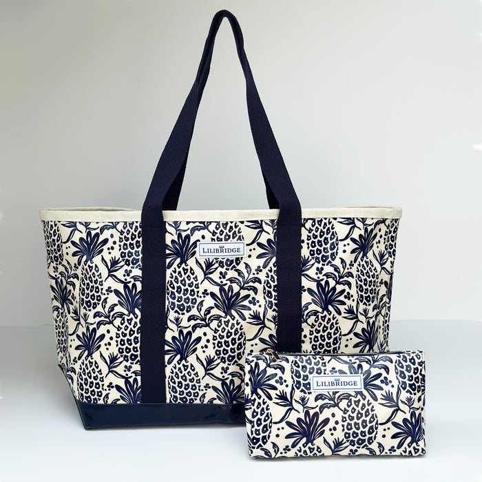 coasted canvas tote bag and make up bag in crazy pineapple print navy