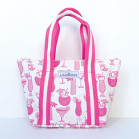 Tote bag with pink drink illustrations and pink handles on a white background