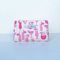 makeup bag with illustrated cocktails in pink on white canvas background